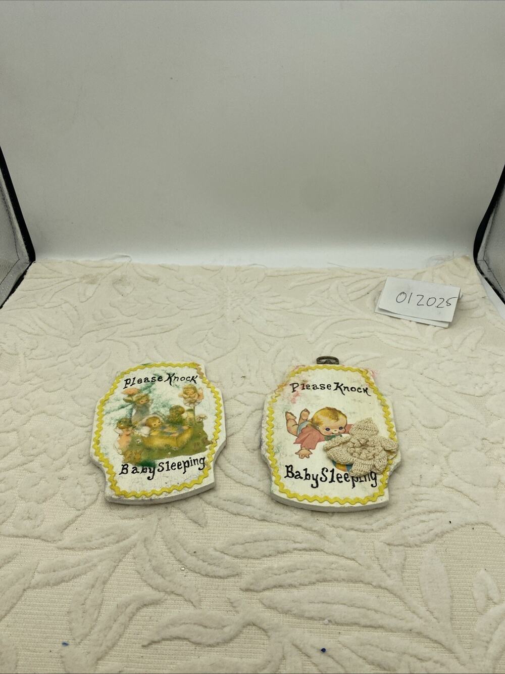 2-Vintage Handmade Baby Sleeping Please Knock Hanging Wood Baby Door Signs